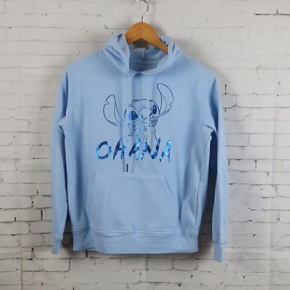 DISNEY BLUE FOIL LILO & STITCH OHANA LONG SLEEVE PULLOVER HOODED SWEATSHIRT MED - Picture 1 of 7